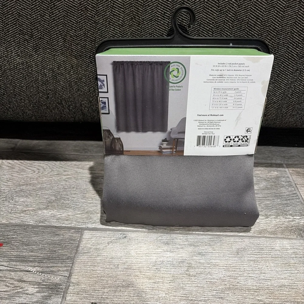 Mainstays Curtain Pair Blackout Charcoal Gray Rod Pocket 30x63 NWT Modern 2pk